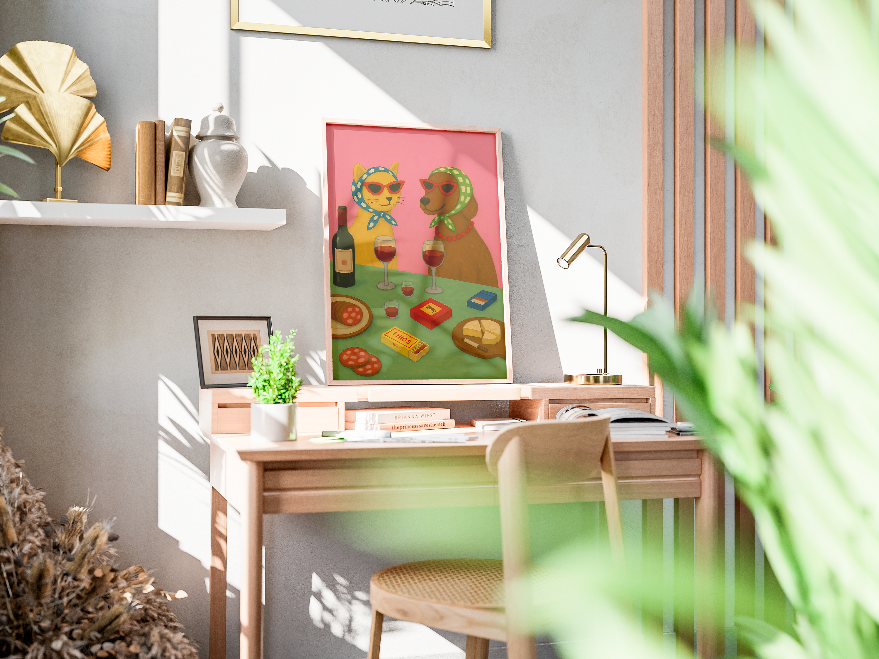 Dog and Cat at the Bar Wooden Framed Poster