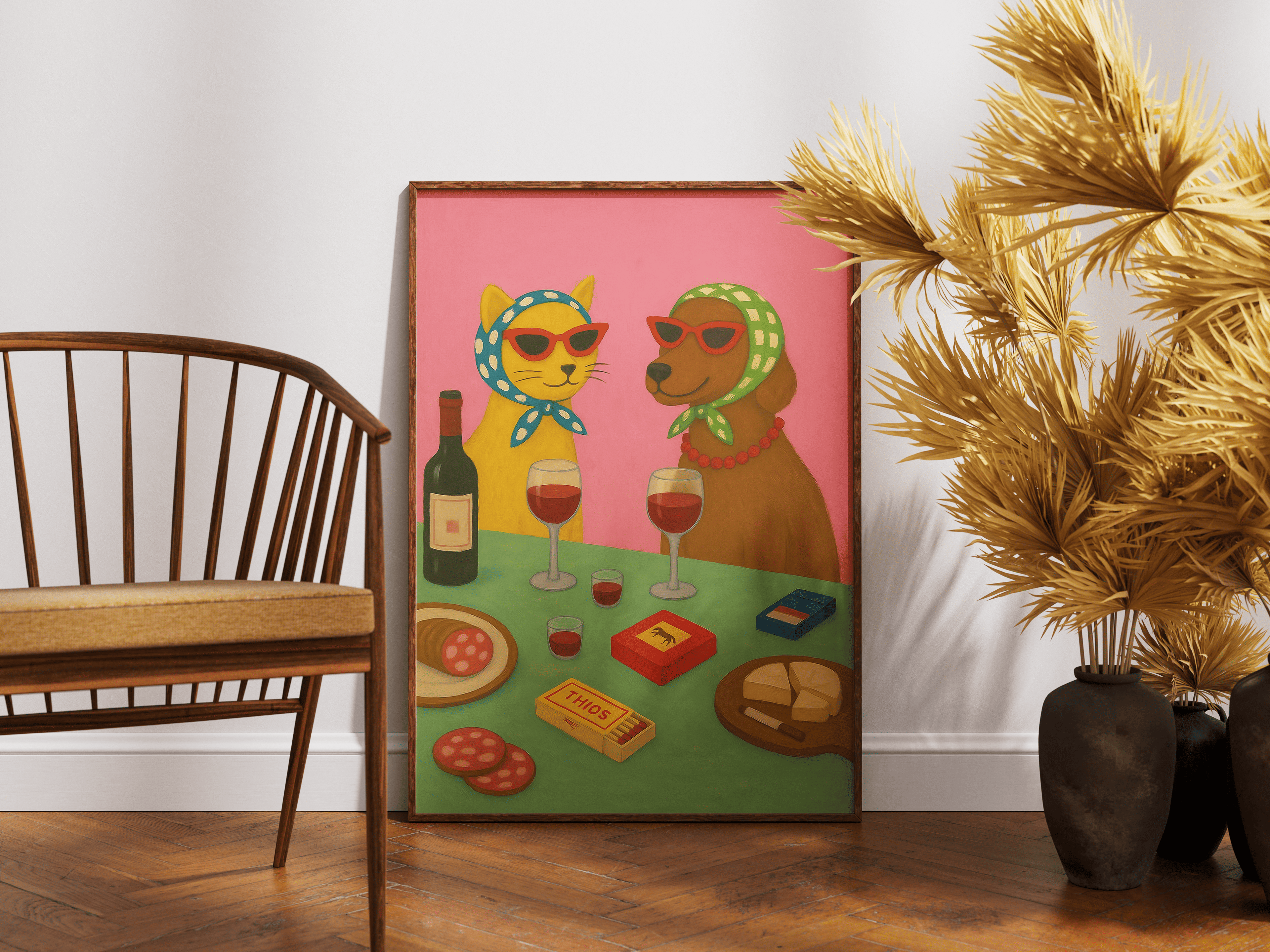 Dog and Cat at the Bar Wooden Framed Poster